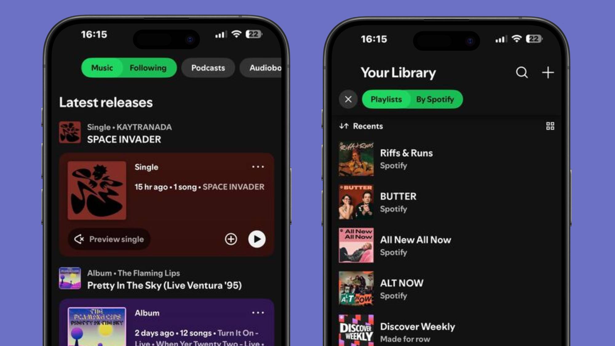 A screenshot of filtering options in the Home page and Library page in Spotify