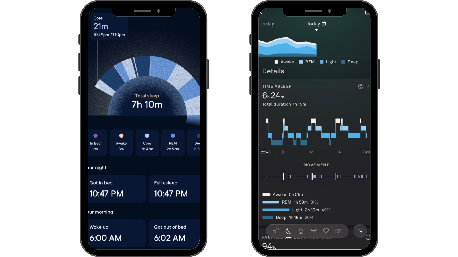 A snapshot of sleep data from the Hatch Sleep app (left) showing 7 hours 10 mins of sleep, next to a snapshot of sleep charts from the Oura app showing 6 hours 24 mins of sleep.
