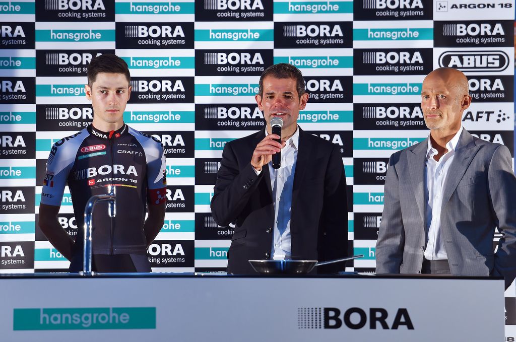 Bora-Argon 18 team manger Ralph Denk addresses the press