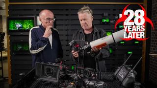 Danny Boyle and Anthony Dod Mantle looking at an iPhone and telescope rig used in the filming of 28 Years Later