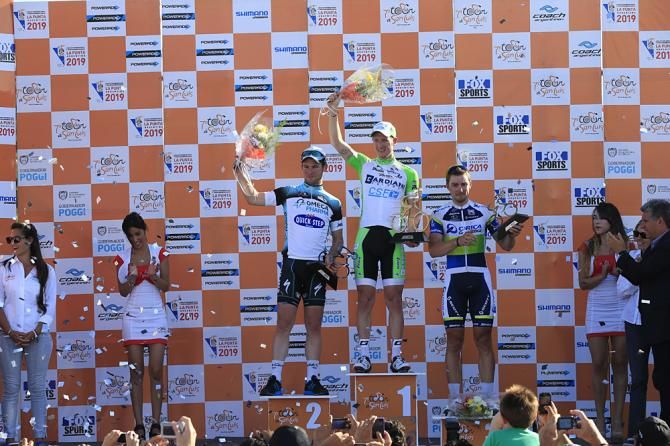 The stage 2 podium: Cavendish, Modolo, Howard