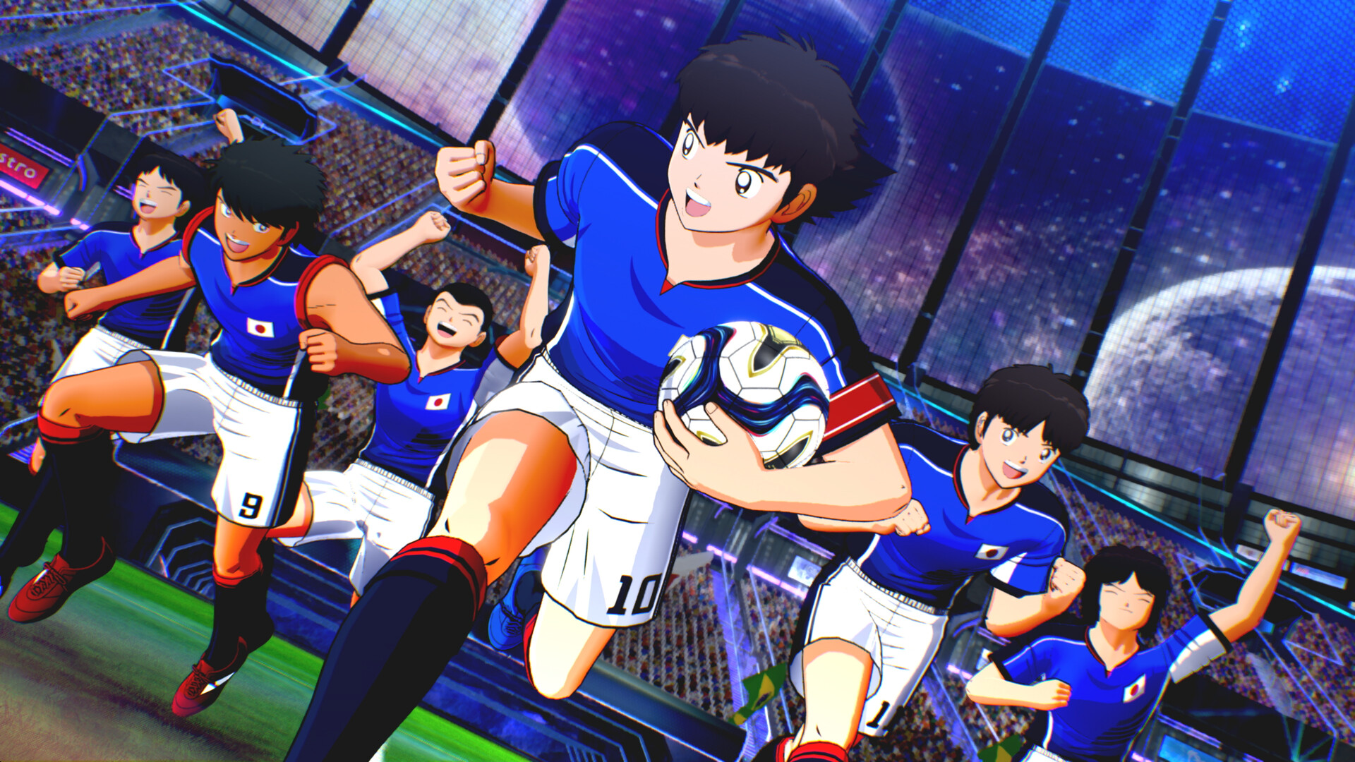 Tsubasa, who holds a soccer ball, runs out on the field with his soccer team as they cheers alongside him in sports action game, Captain Tsubasa 2: World Fighters