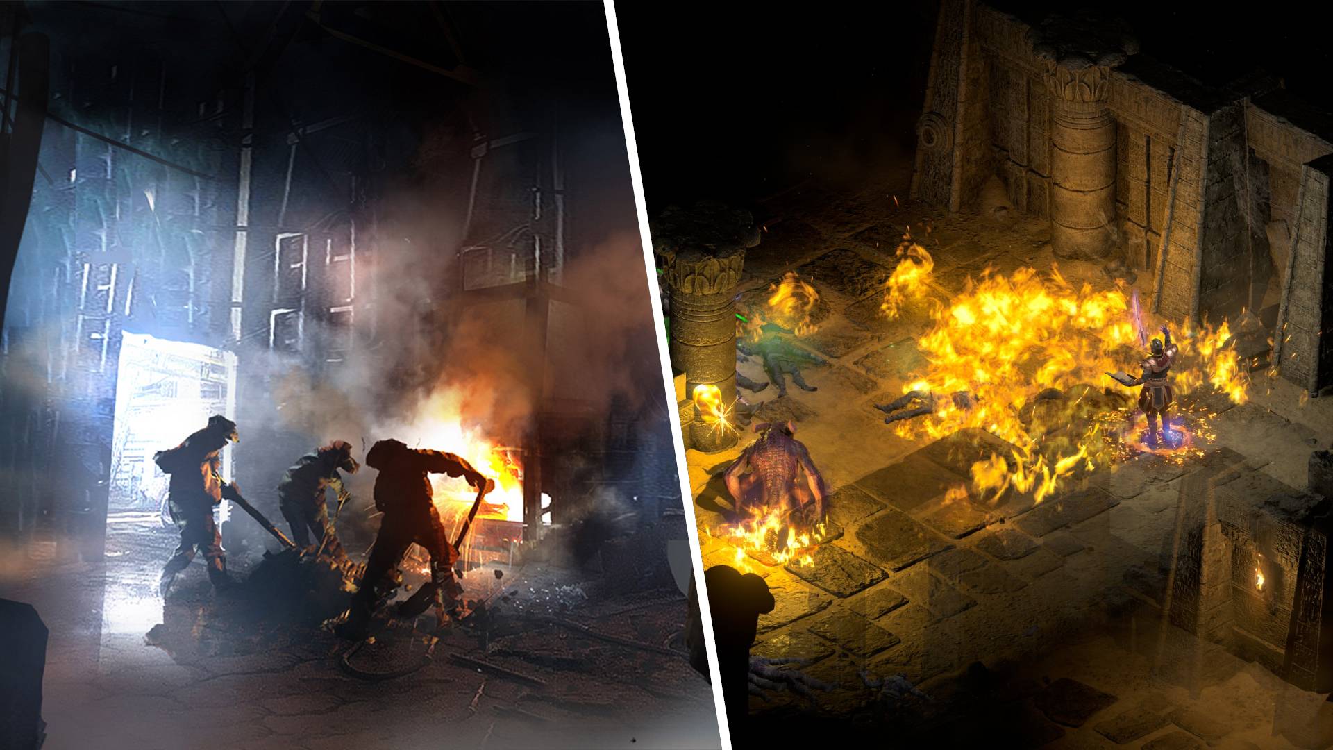 On the left, workers in Frostpunk, on the right, a warlock summons magical fire in Diablo 2: Resurrected