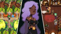 Fourleaf Fields - Screenshots of gameplay cropped on the left and right sides, then an image of one of the villagers is in the middle.