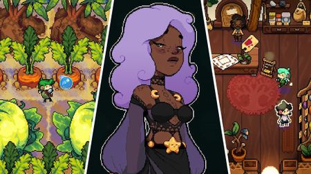 Fourleaf Fields - Screenshots of gameplay cropped on the left and right sides, then an image of one of the villagers is in the middle.
