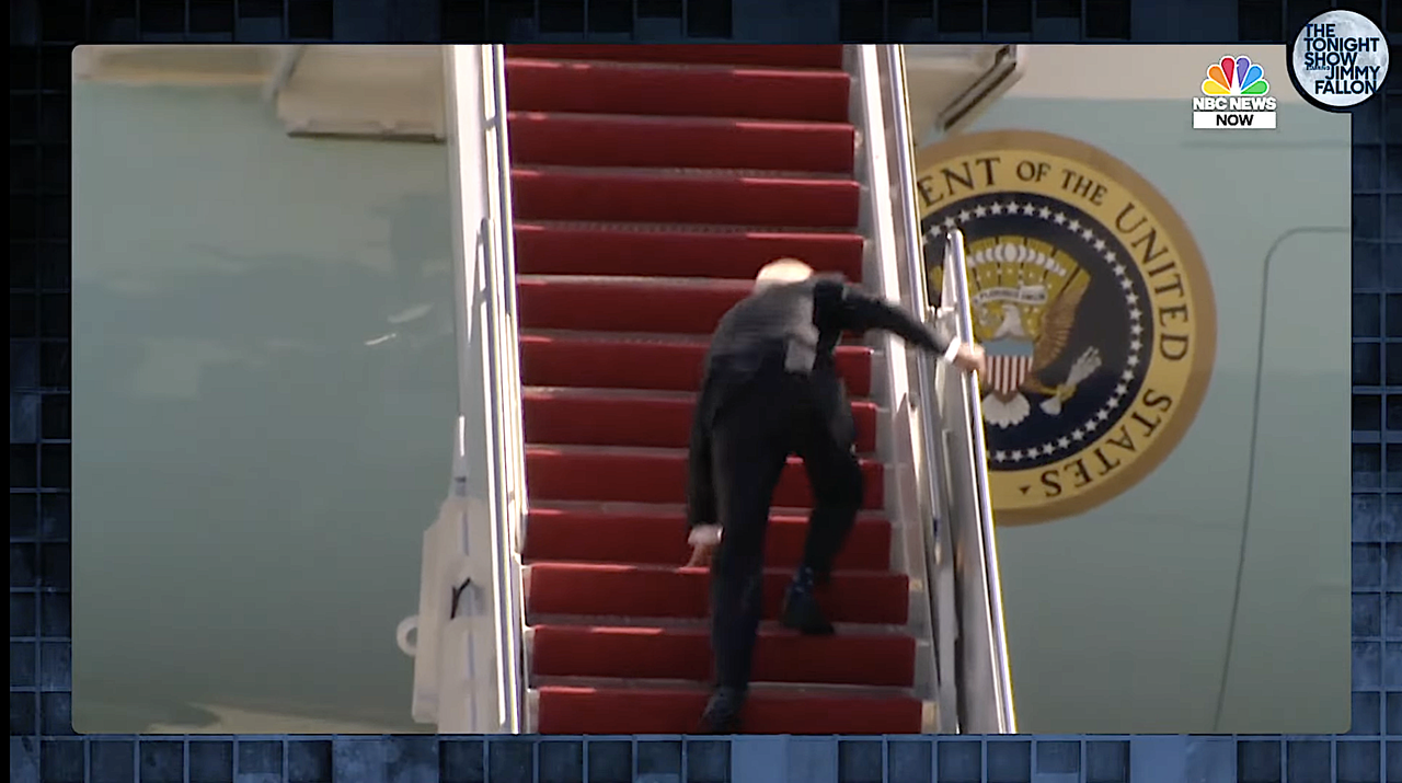 Biden trips upstairs