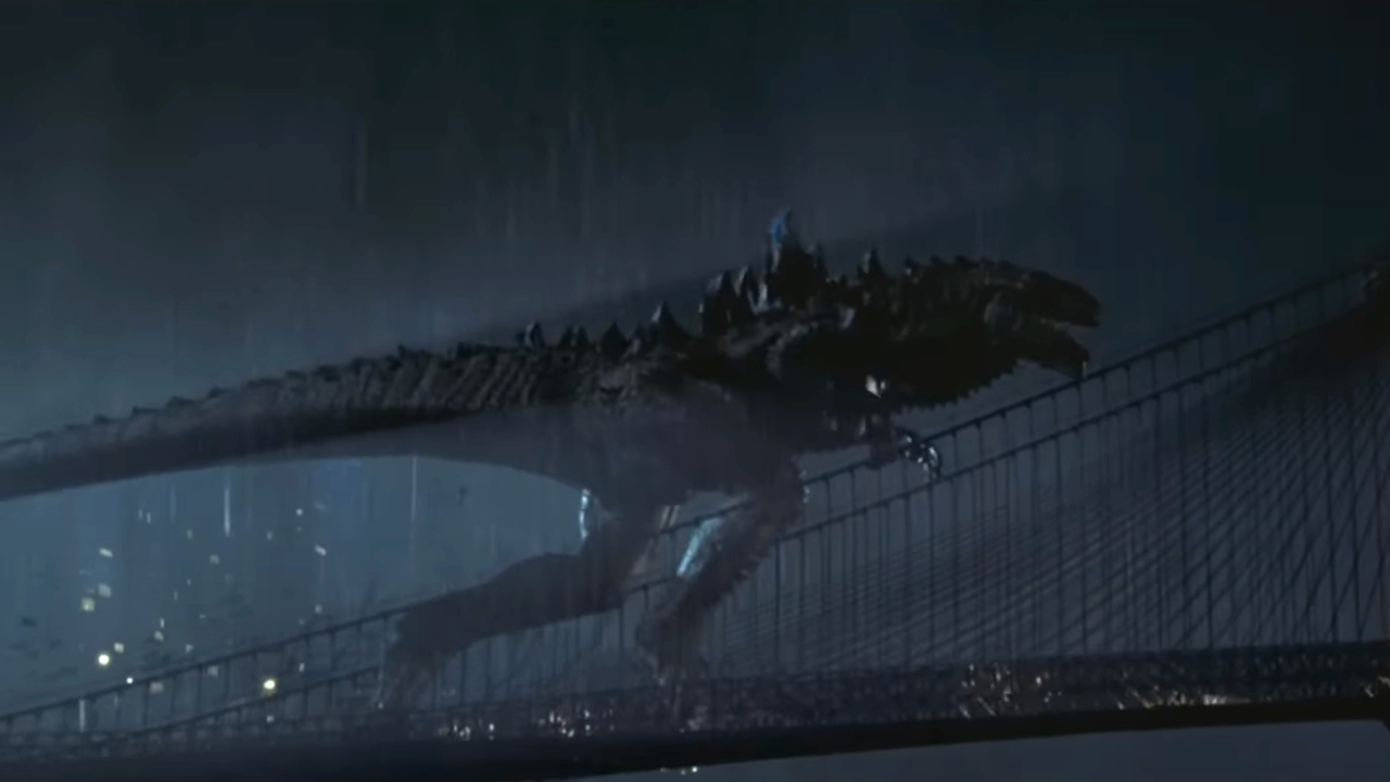 Godzilla running on the Brooklyn Bridge in Godzilla (1998).