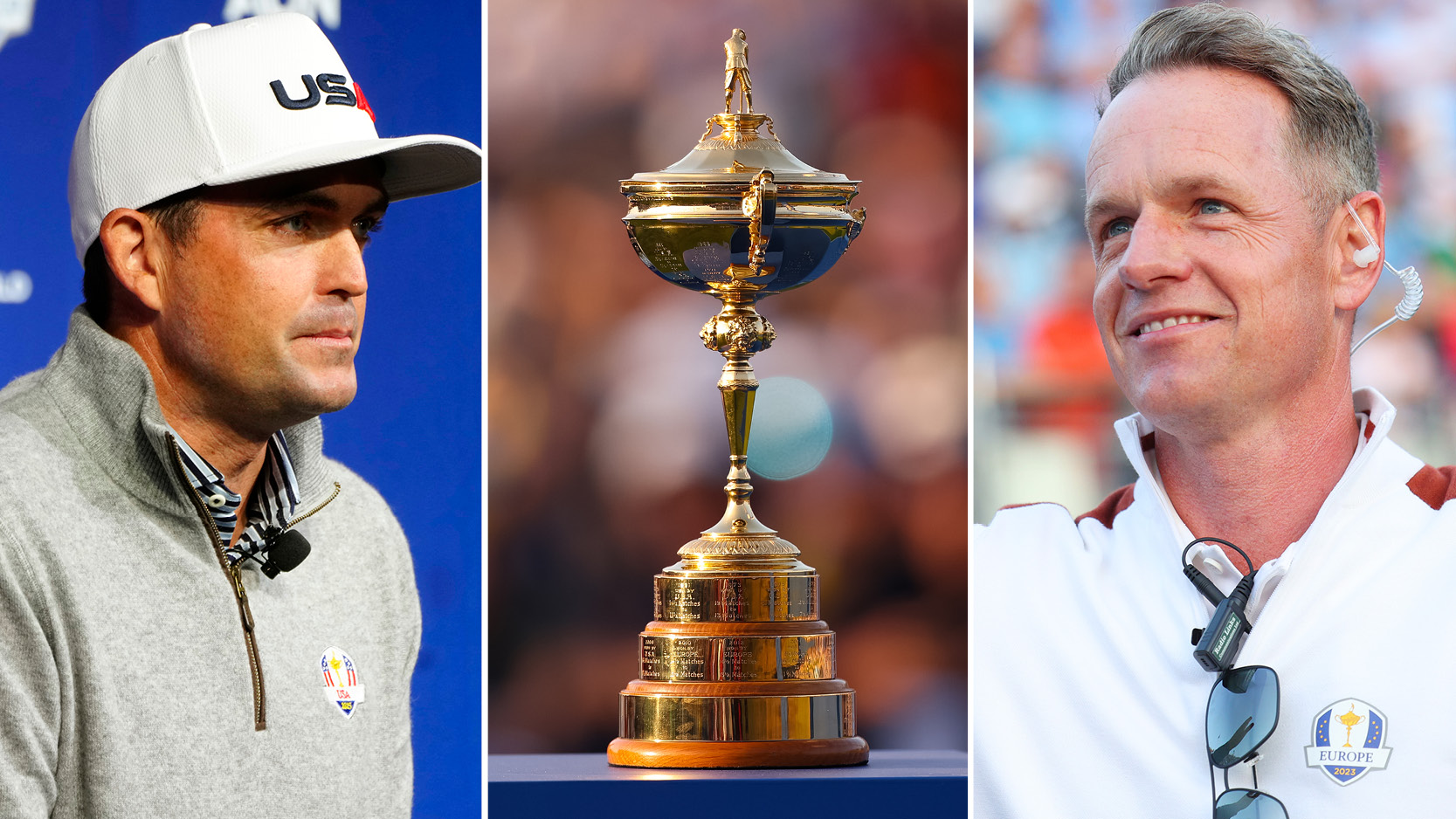 The Ryder Cup in the middle with Keegan Bradley and Luke Donald either side