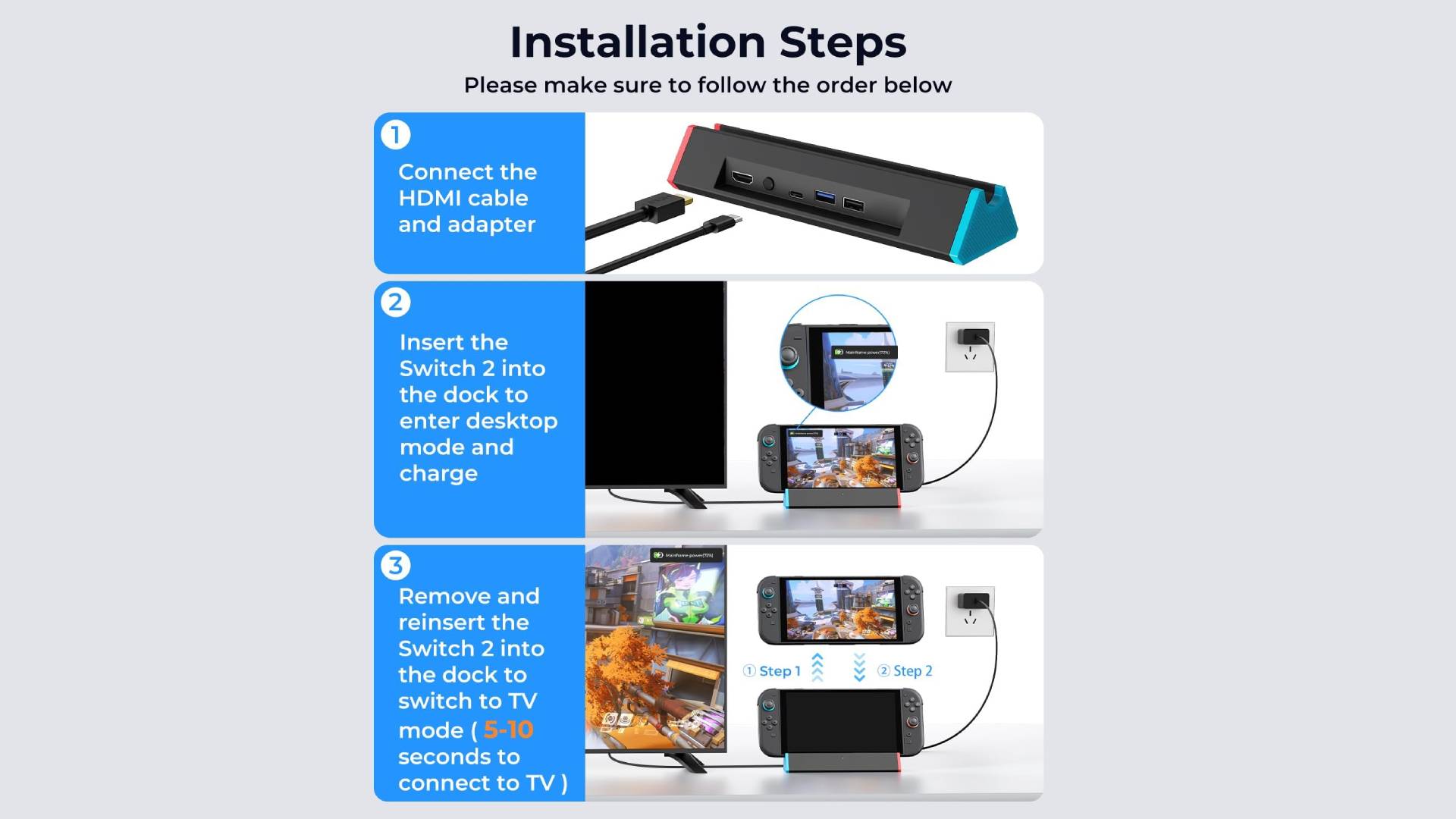 SIWIQU Switch 2 dock Installation Steps with numbered graphics outlining how to use the handheld in TV mode.