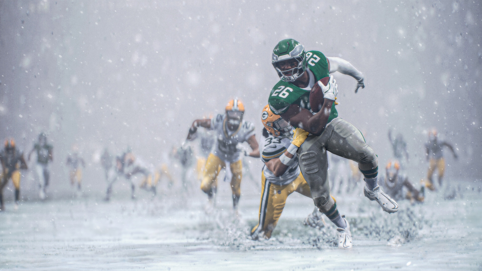 Madden NFL screenshot showing players charging through snow