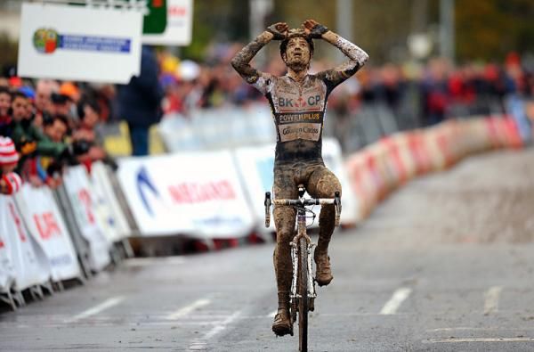 Niels Albert celebrates his second World Cup victory of the season.