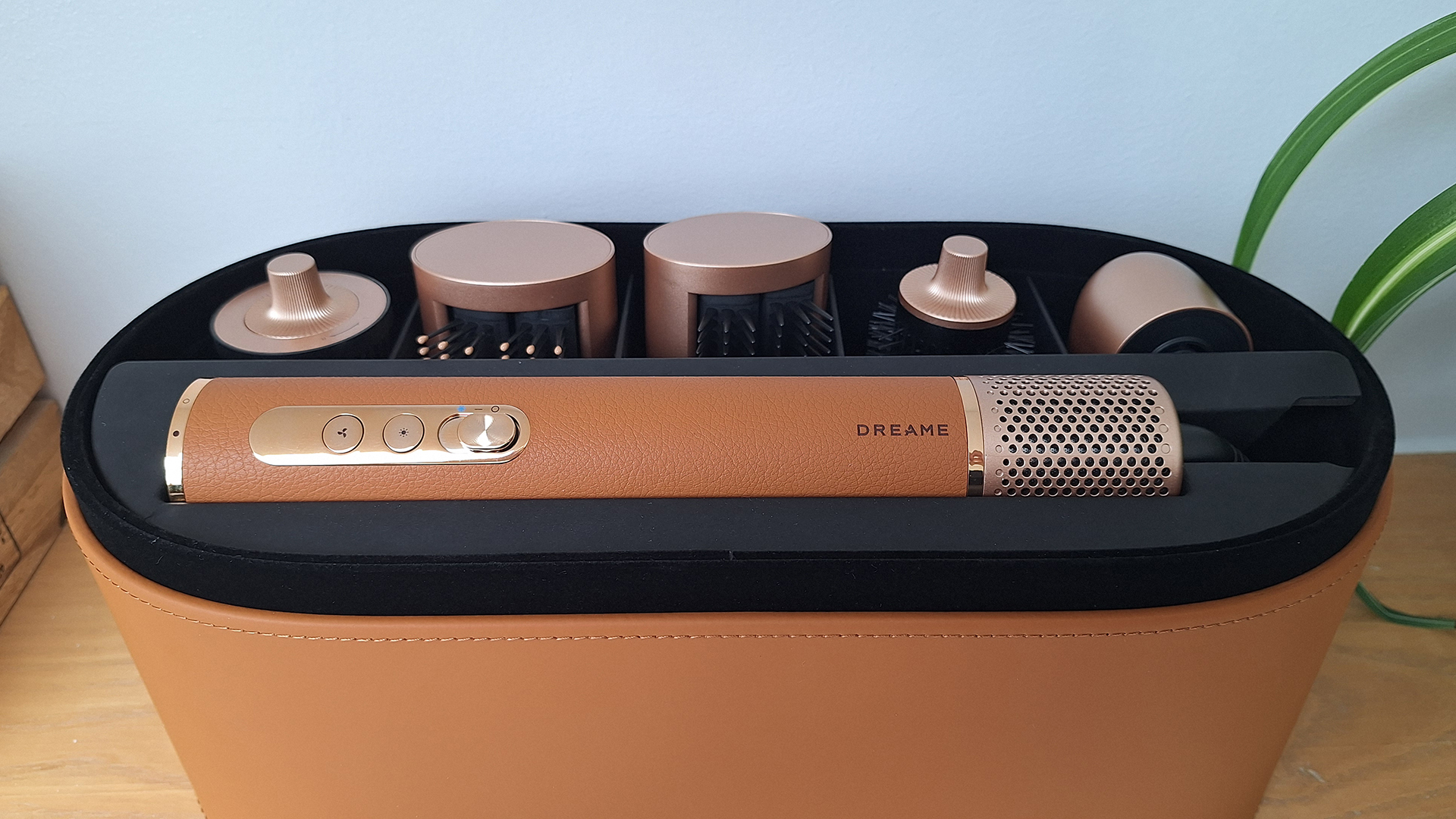 Dreame AirStyle Pro in display case on shelf in reviewer's bathroom