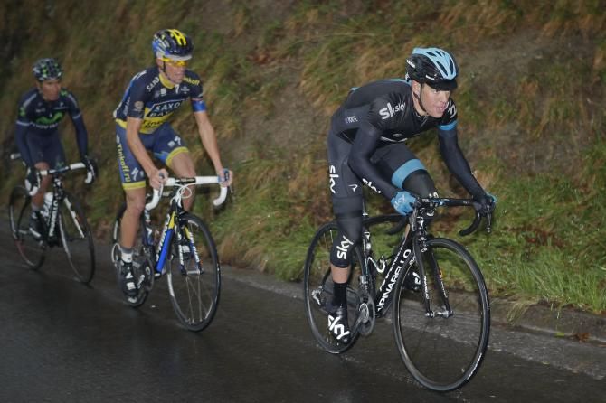 Richie Porte (Sky) piles on the pressure up the final climb while Alberto Contador (Saxo-Tinkoff) remains close behind