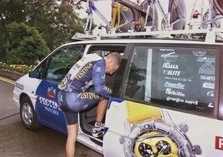 Christophe Moreau gets in the Festina team car at the 1998 Tour.