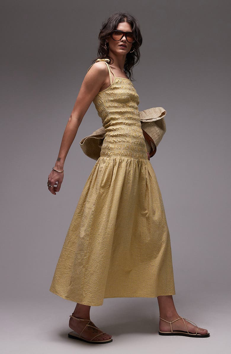 Shirred Cotton Seersucker Midi Sundress