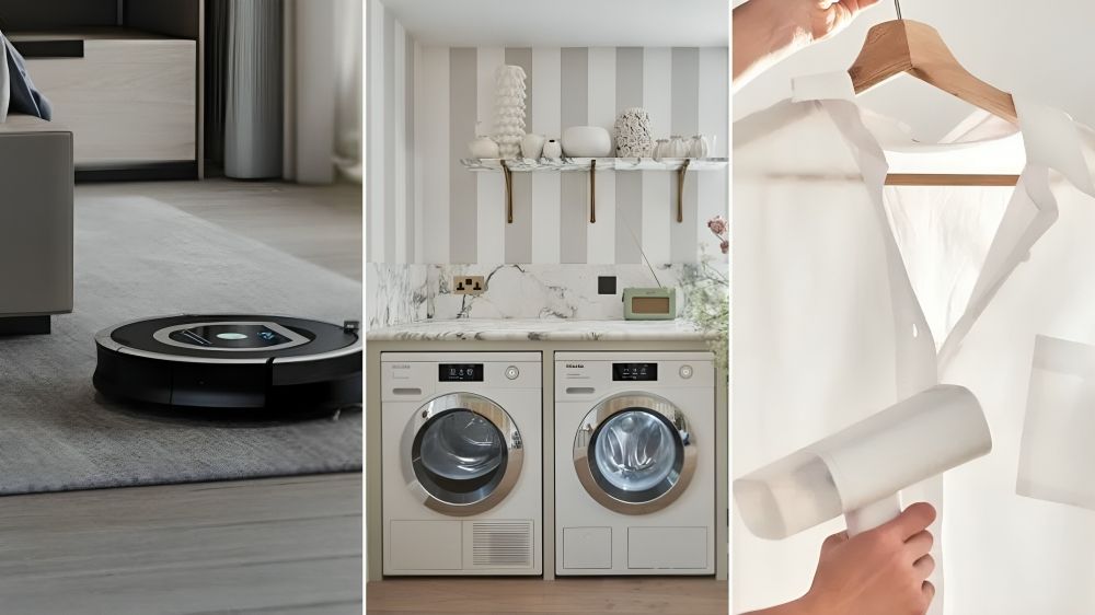 Robot vacuum / Miele washing machine in a chic farmhouse style laundry room with striped wallpaper and flowers in the sink / Someone holding up a white shirt and clenaing it with a handheld steamer