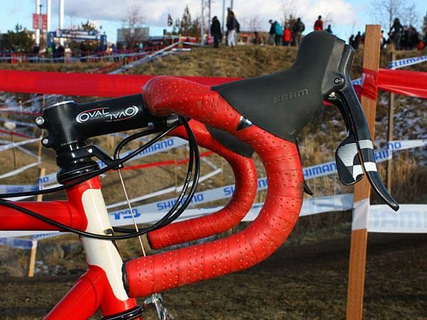 Timmerman's SRAM Force DoubleTap levers are affixed to traditional-bend bars from Oval Concepts.
