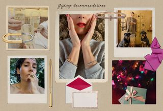 Various festive holiday gifts like Tiffany & Co jewelry and stationary set; Kara Welch in a red jacket