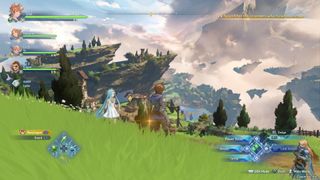 Gtanblue Fantasy Relink review; anime characters stand in green grass overlooking mountains