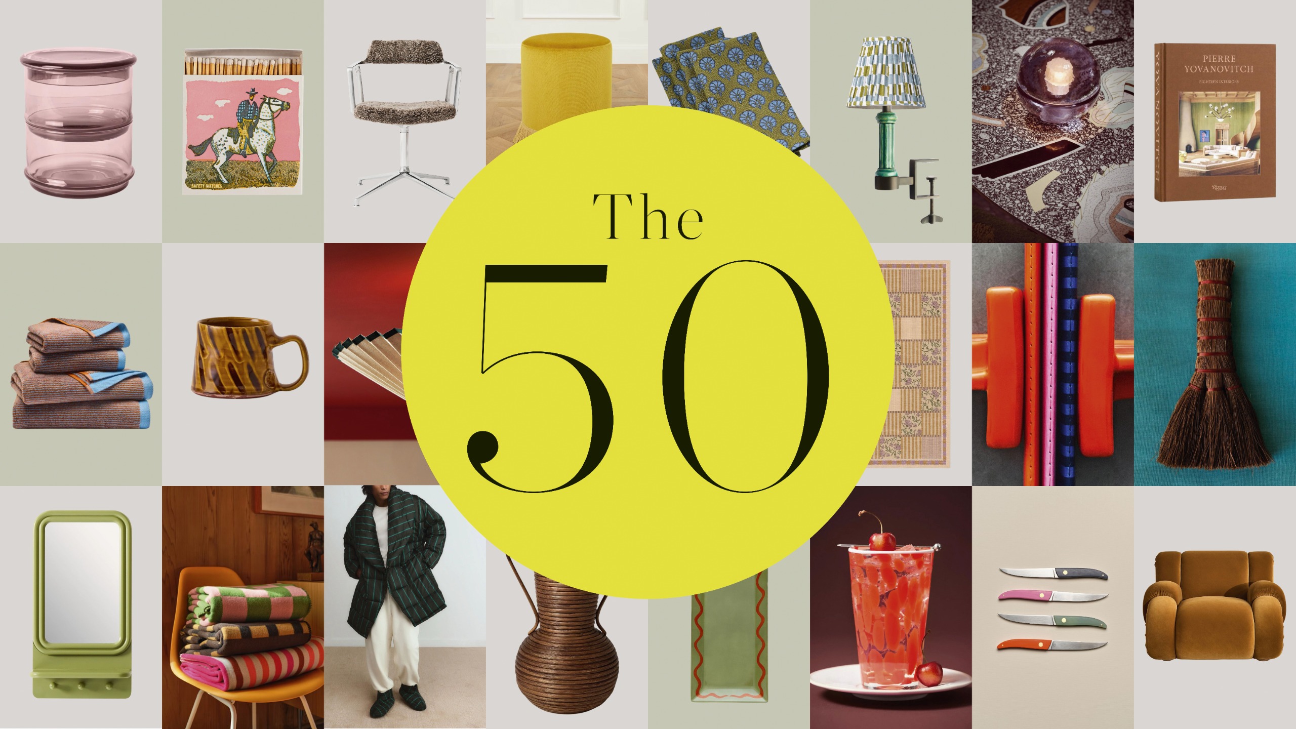 collage of homeware with yellow circle in the centre saying 'The 50'