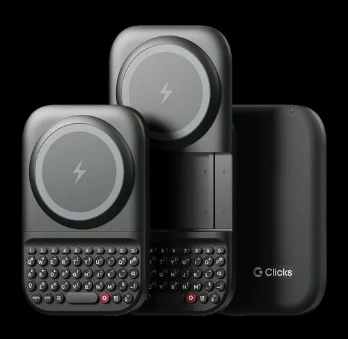 Clicks Power Keyboard showing its magnetic wireless charging pad