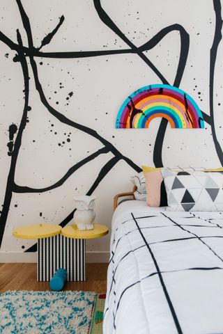 Boys bedroom with graphic black and white splatter wallpaper