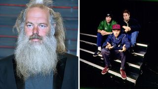 Left-Music producer Rick Rubin attends the 2016 Vanity Fair Oscar Party hosted By Graydon Carter at Wallis Annenberg Center for the Performing Arts on February 28, 2016 in Beverly Hills, California; Right-The Beastie Boys sitting on stairs