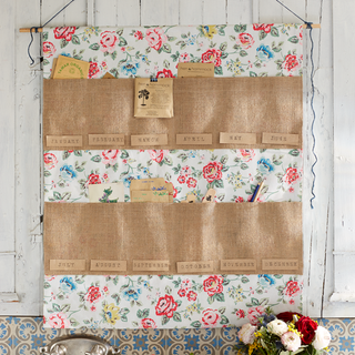 blowsy floral print fabric with cards and string