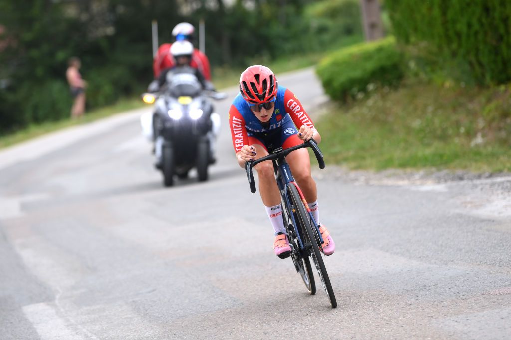 MORTEAU FRANCE AUGUST 16 Cedrine Kerbaol of France and CERATIZITWNT Pro Cycling Team competes in the breakaway during the 3rd Tour de France Femmes 2024 Stage 6 a 1592km stage from Remiremont to Morteau UCIWWT on August 16 2024 in Morteau France Photo by Alex BroadwayGetty Images