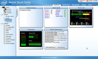 Once you log into the Intel Modular Server Control, you are given the Dashboard screen as a starting point. Core diagnostics are presented in the Dashboard as it gives you a quick overview of the MFSYS25’s system health.