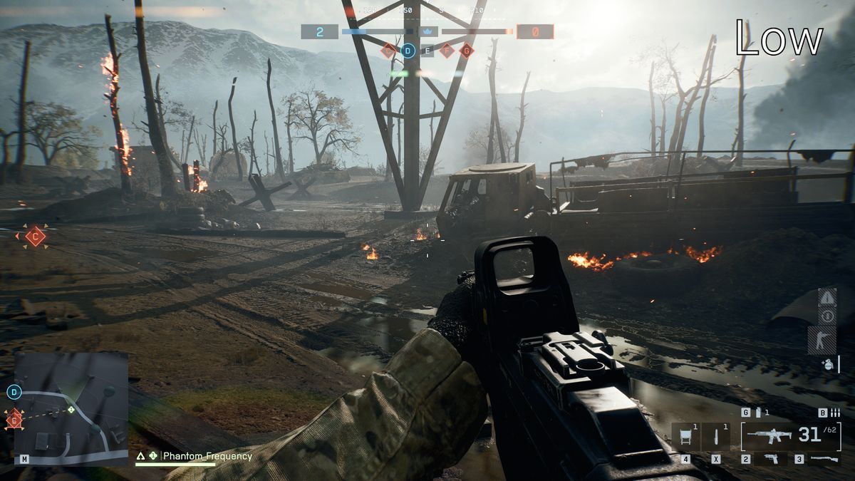 A selection of of image comparison screenshots in Battlefield 6, from Low to Overkill settings