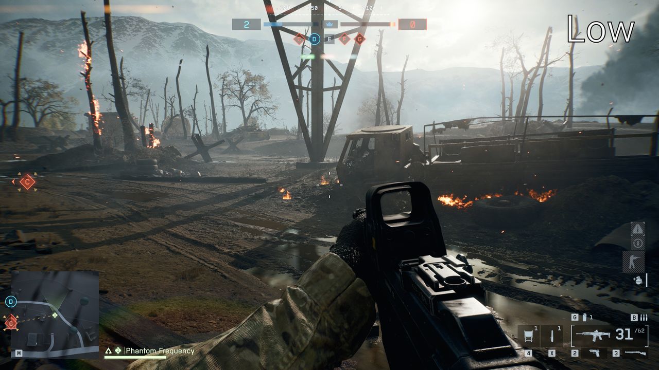 A selection of of image comparison screenshots in Battlefield 6, from Low to Overkill settings