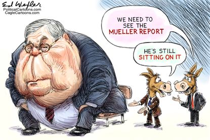 Political cartoon U.S. William Barr Trump mueller&nbsp;democrats report