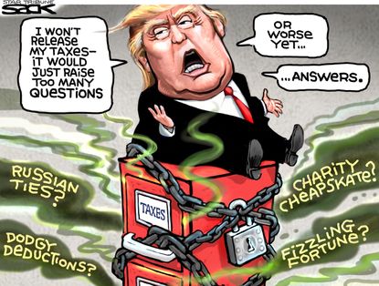 Political cartoon U.S. 2016 election Donald Trump taxes
