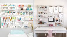 Two pictures of pegboards with colorful accessories 