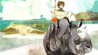 Concept art by Alida Pintus showing a boy sitting on a rhino reading a map