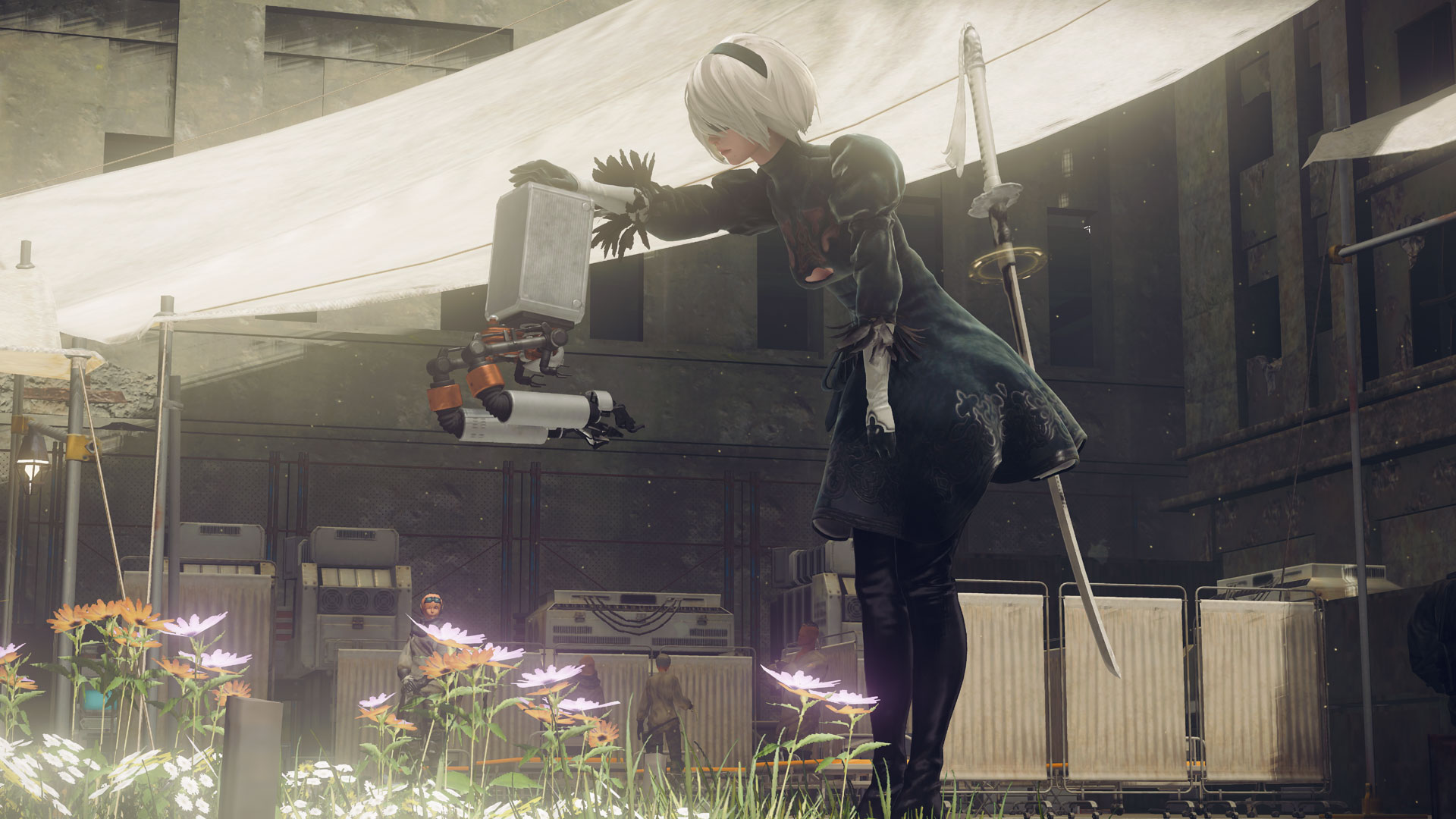 Android 2B petting a robot during a scene in the sci-fi RPG, NieR:Automata