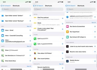 Screenshots from the suggested shortcuts section of Siri settings