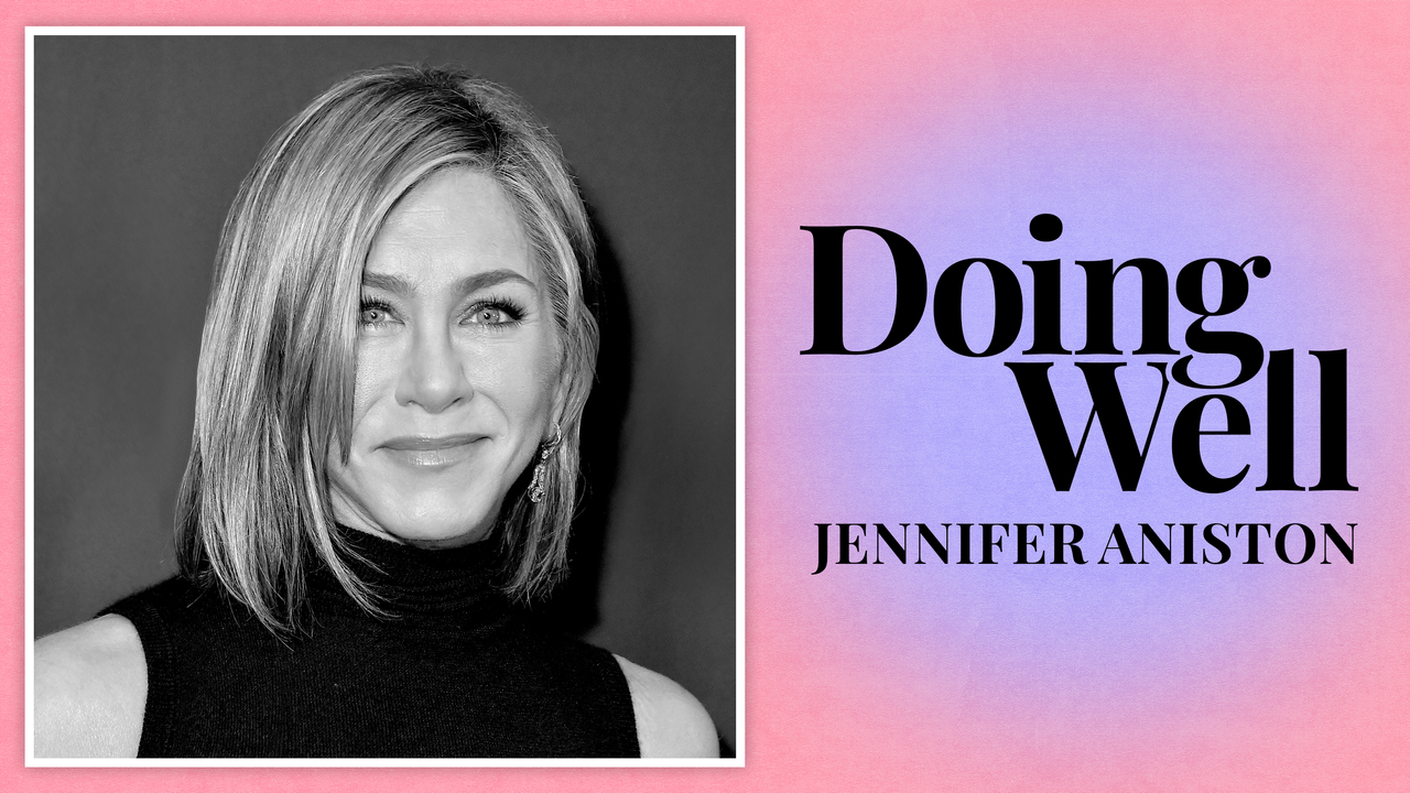 Jennifer Aniston with the text &quot;Doing Well&quot;