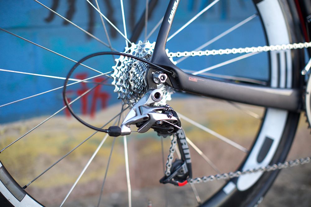 The SRAM Red 22 rear derailleur on Pate's bike.