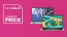 Dell Inspiron and XPS laptops on a pink background