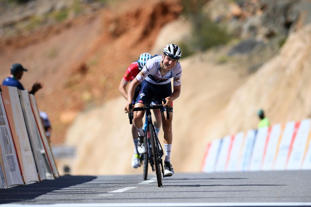 JABAL AL AKHDHAR OMAN FEBRUARY 15 Mauri Vansevenant of Belgium and Team Soudal Quick Step White Best Young Rider Jersey sprints to win ahead of Matteo Jorgenson of The United States and Movistar Team Red Leader Jersey during the 12th Tour of Oman 2023 Stage 5 a 1522km from Samail to Jabal Al Akhdhar 1214m TourofOman on February 15 2023 in Jabal Al Akhdhar Oman Photo by Alex BroadwayGetty Images