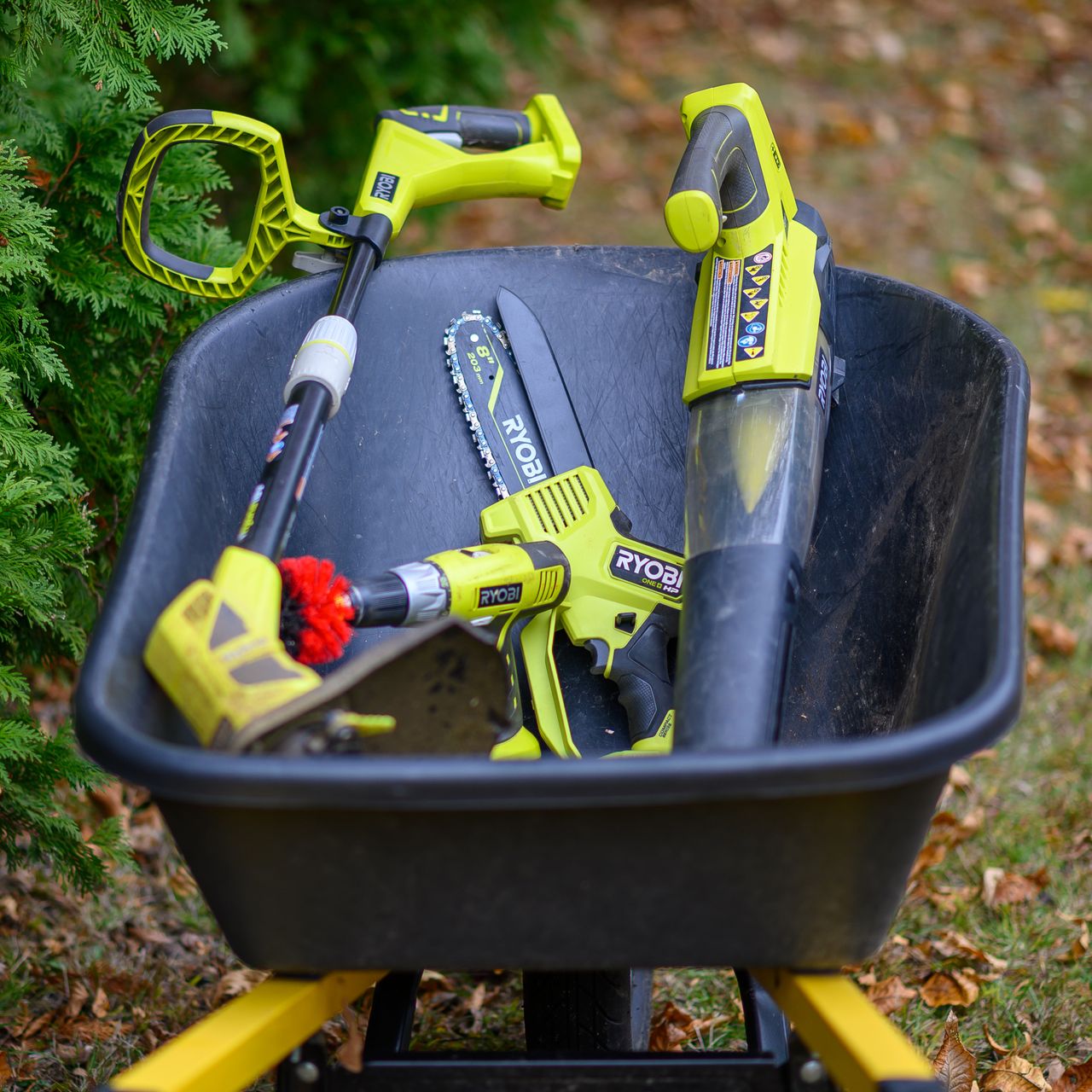 Ryobi tools in a wheelbarrow