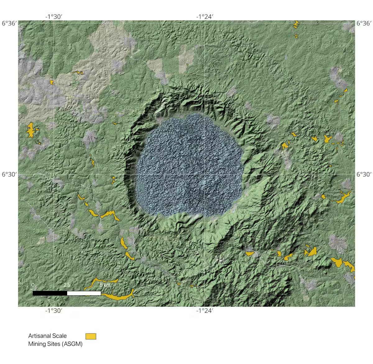 A map of an impact crater in Ghana