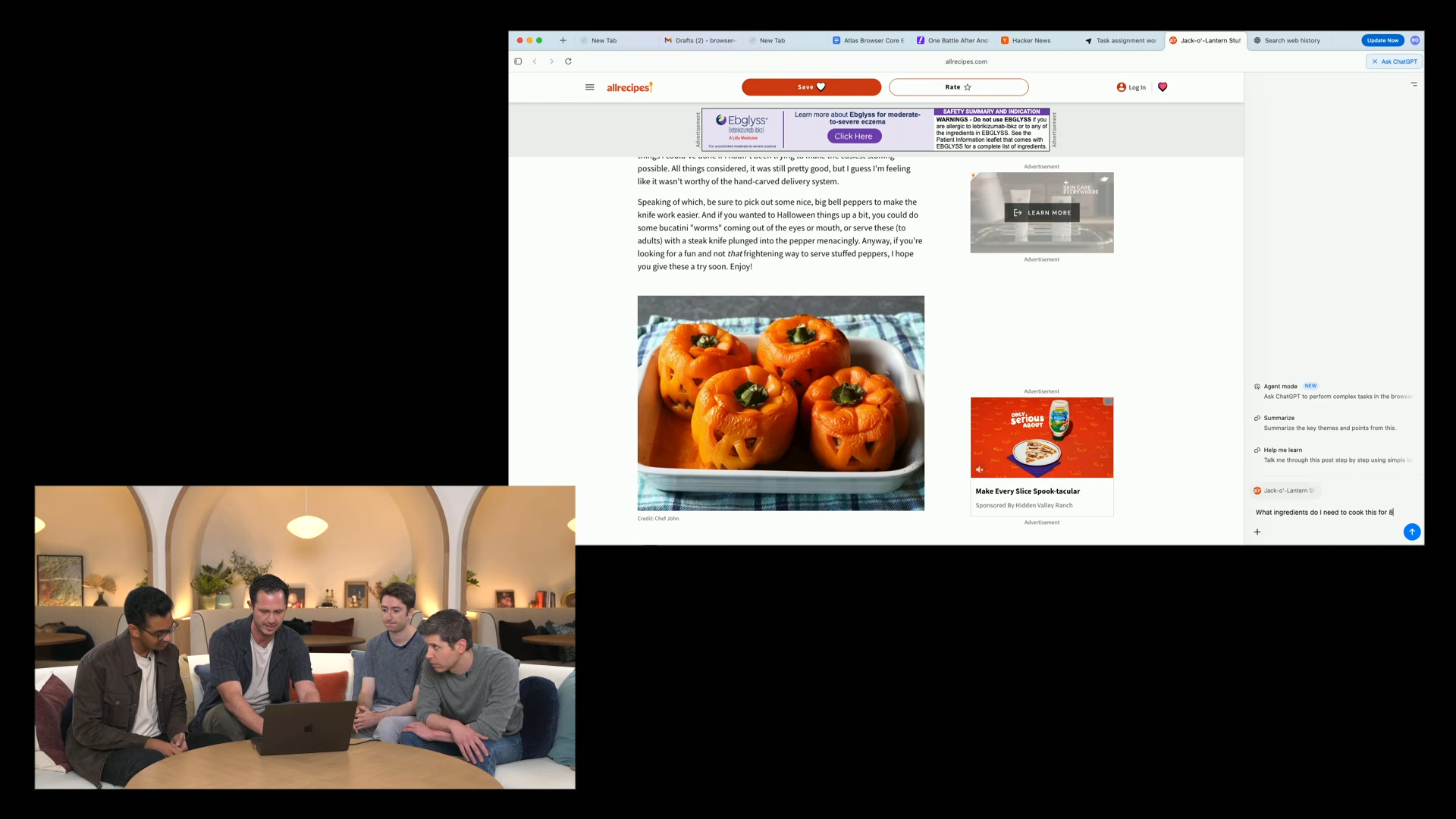 ChatGPT Atlas building a grocery list based on an article in the browser