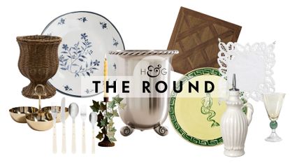 Vintage-inspired tableware, including a woven urn vase, snack server, flatware set, ceramic blue-and-white plate, taper holder, wine cooler, wooden trivet, Ginori 1735 charger, lace coaster, and more