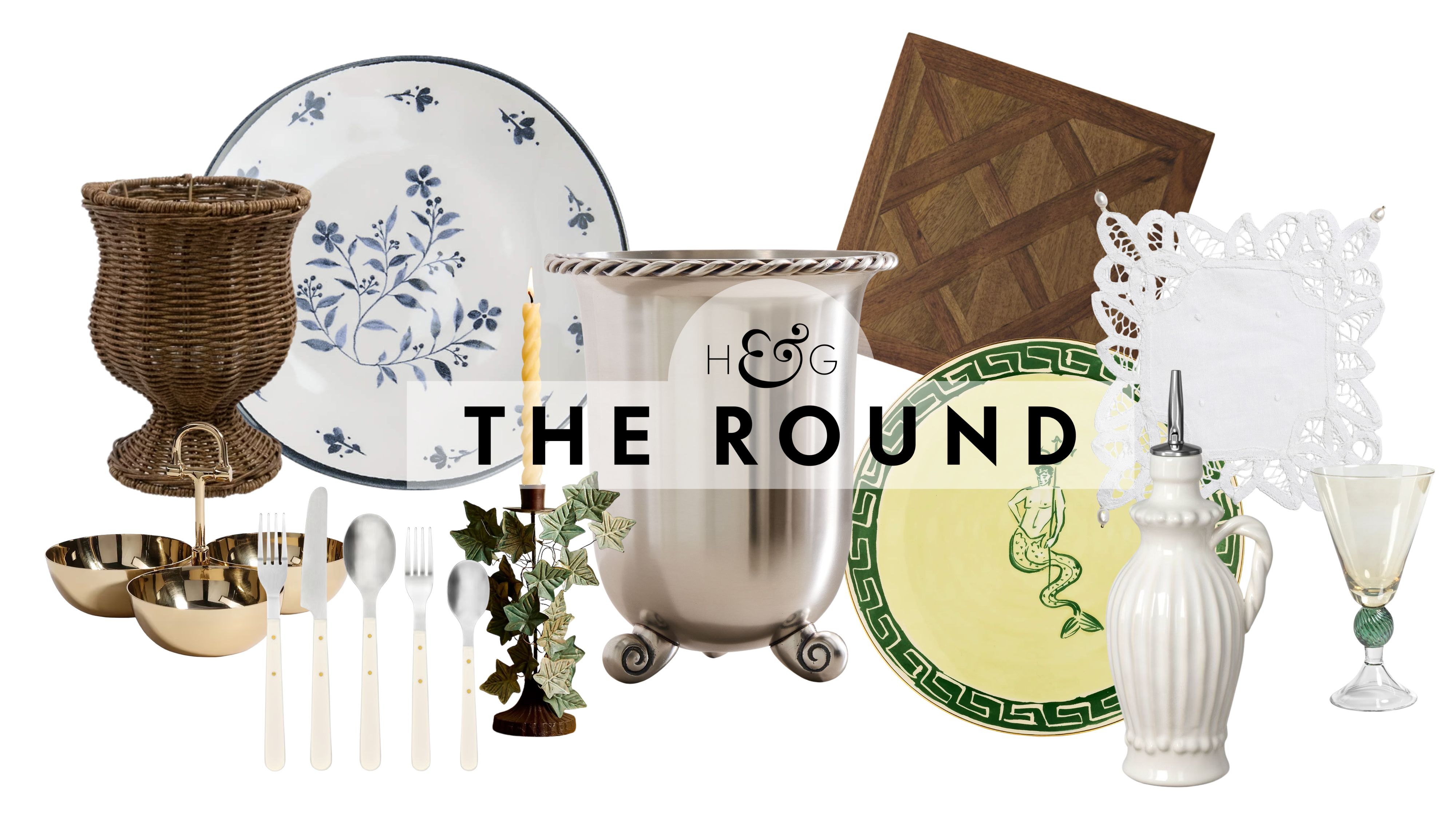 Vintage-inspired tableware, including a woven urn vase, snack server, flatware set, ceramic blue-and-white plate, taper holder, wine cooler, wooden trivet, Ginori 1735 charger, lace coaster, and more