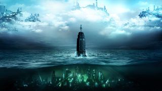 Bioshock-fyren centrerad i havet mellan undervattensstaden Rapture och molnstaden Columbia