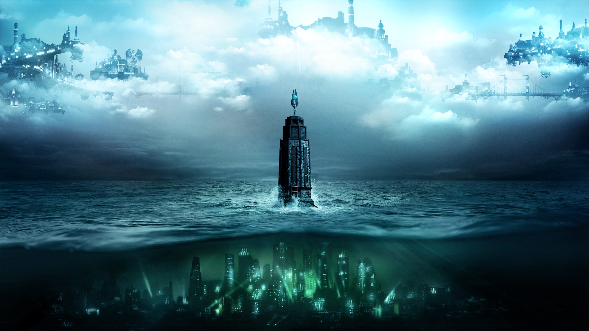 Bioshock lighthouse centered in the ocean between the undersea city of Rapture and the cloud city of Columbia