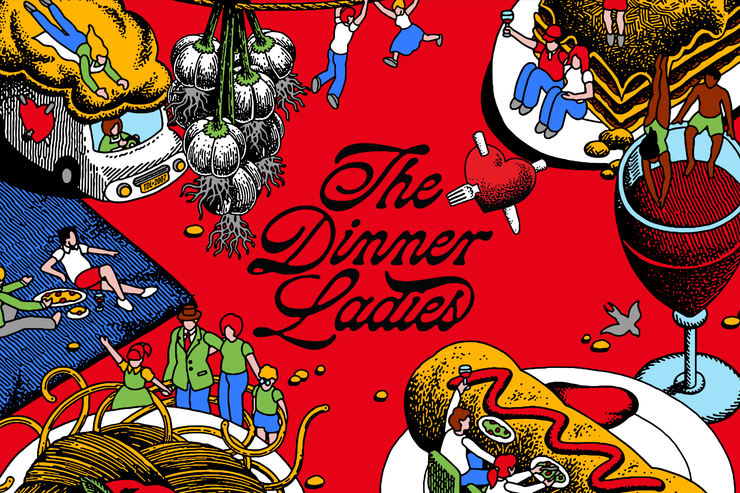The Dinner Ladies written in a script font with colourful illustration surrounding it of food